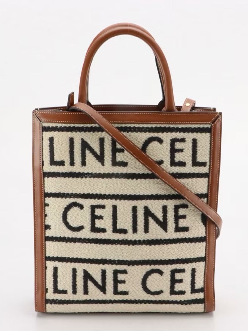 Celine Vertical Cabas Logo Textile Leather Tote Crossbody Bag Tan